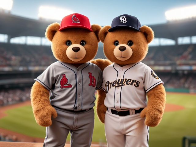 A human teddy bear tan fur blue eyes wearing a cardinals uniform red hat grey jersey grey pants with dirt on his left knee and chest and thighs posing with another human teddy bear beige fur wearing a brewers uniform navy hat navy jersey white pants dirt on his uniform posing in a minor league stadium