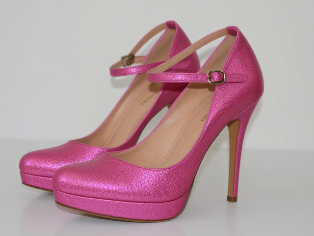 A pair of size 6 tall Mary Jane stilettos. Pink sparkly shiny leather. Tall heel, ankle strap