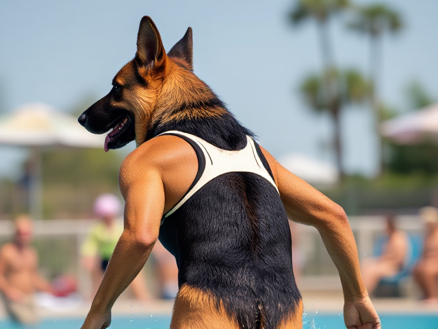 Anthropomorphic German shepherd with lifelike fur, wearing a modern water polo swimsuit, athletic physique in action pose in a colorful scene