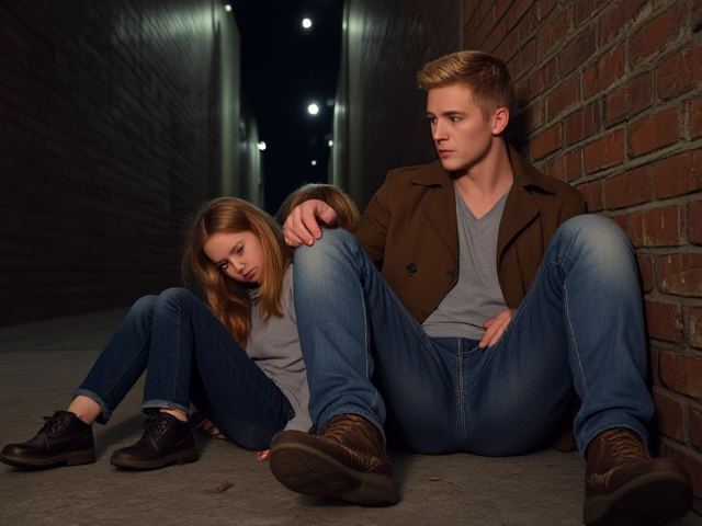 a petite, 13-year-old girl with strawberry blonde hair, wearing jeans and a hooded pullover, sits slumped with her back against a brick wall, feet forward, legs outstretched. Next to her sits a modern-day male vampire, 28 years old, with pale skin and blonde hair, dressed in jeans and a brown trenchcoat. The vampire is slumped against the wall as well, feet forwards, legs outstretched. The girl has a forlorn look and rests her head on the vampire's shoulder. Set at night in an abandoned warehouse, in a holding room with no windows. The vampire is roughed up from a fight. Both have their backs against the wall. 
The vampire looks straight ahead, worried..