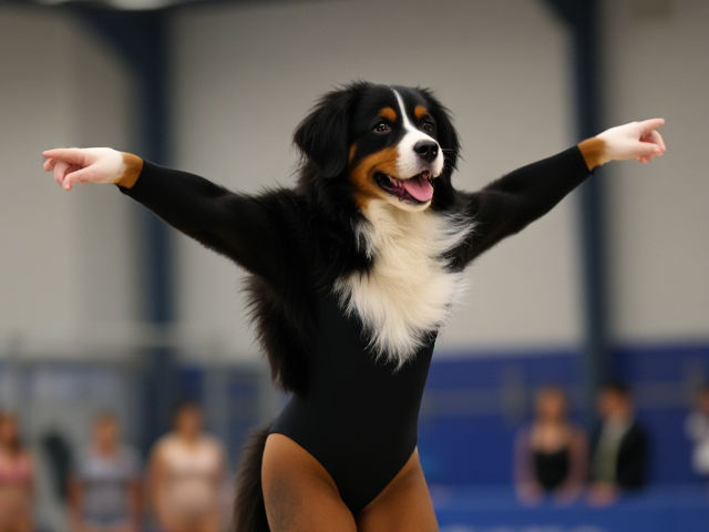 Bernese mountain dog strong hips gymnastics leotard gymnasium