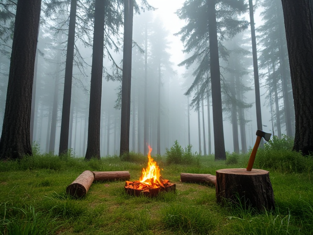 Create a realistic forest background with large trees and a soft, misty atmosphere. The focal point should be a small campfire at the center of the image, with a log nearby for sitting. Next to the log, place a tree stump with an axe embedded in it. Grass should surround the campfire, but keep the scene simple with no extra objects like additional logs. The trees in the background should be tall and partially covered by fog, giving a calm, peaceful wilderness feel. The lighting should emphasize the campfire glow and the misty environment."