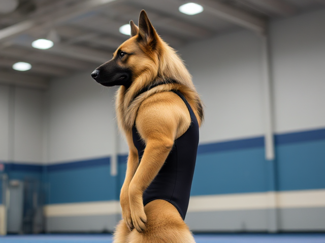 A anthropomorphic long haired German shepherd wearing a gymnastics leotard in a gymnasium