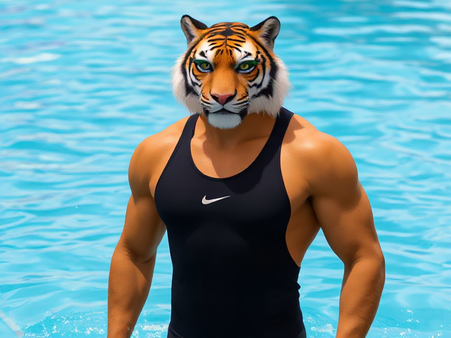 A tall athletic anthropomorphic tiger Olympic swimmer with a long torso, wearing a high cut Nike one piece swimsuit and swimming goggles