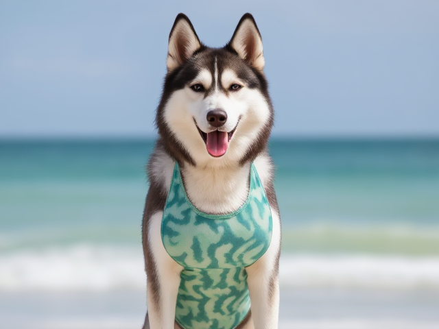 A anthropomorphic Siberian husky wearing a high-cut swimsuit