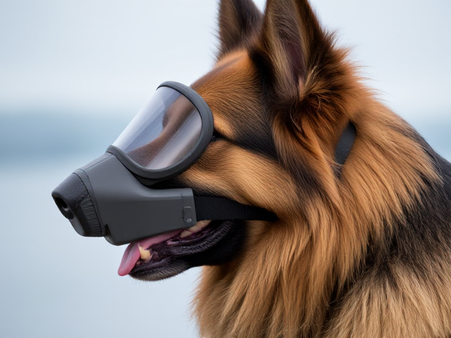 A long haired German shepherd wearing a snorkel