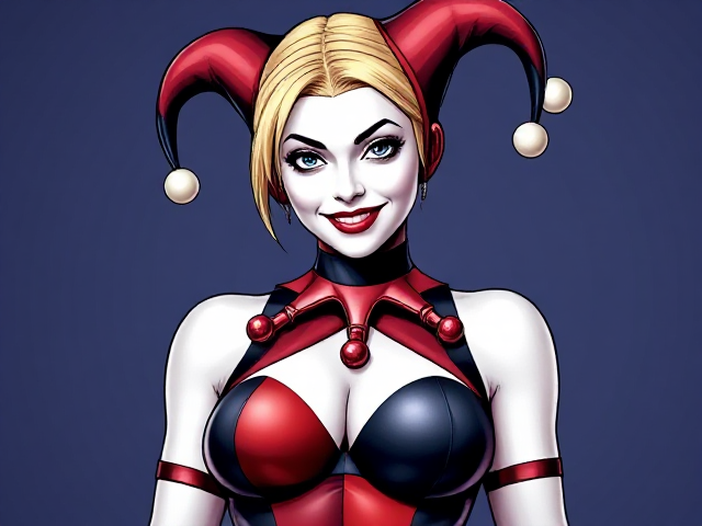 Harley Quinn full jester outfit, simple features