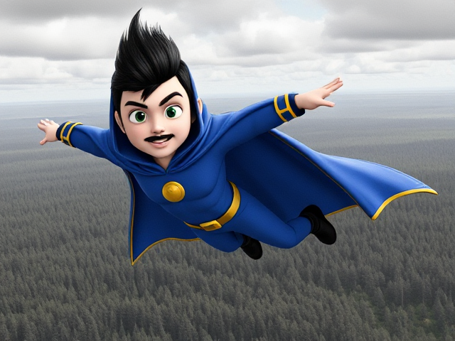 Dramatic cartoon scene: A preteen 12-year old boy with light skin and freckles on his cheeks named Kyle Lipton, but transformed into a superhero named Dr. Dimensionpants, who, despite still being a kid, has an extremely muscular body. He wears a tight blue hood outlined by a yellow line, with a smooth, slicked back black mohawk on top. He also wears a sleek blue bodysuit outlined with yellow lines on the cuffs of the sleeves and pants, a golden belt with a circular buckle, black boots, and a really big, toe-length, ultra-wide blue cape with a really big collar outlined with yellow lines wreathed around his neck held up by a golden button. The pupils in his eyes are green, and he has a black twin moustache. He also has incredible, invincible, and cosmic superpowers flowing through his veins. He is currently flying through the sky high above a vast forest, searching for a lost citizen to rescue.