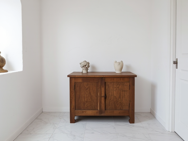 Je veux une image d'un coffre ancien en bois foncé avec des scultures dans une petite pièce entièrement blanche avec sol en marbre et moulure au mur