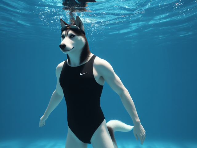 A tall and lean anthropomorphic Siberian husky with a long torso and broad shoulders, wearing a black Nike one piece swimsuit and swimming goggles, underwater