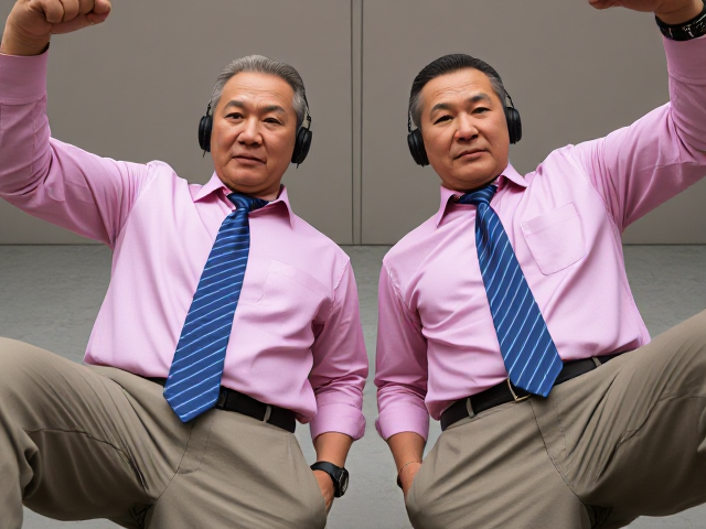 Close-up view of two fierce Japanese handsome old senior businessmen standing confidently. They have short haircuts and are stomping with one leg raised, arms raised in a dominant pose. They're wearing pink collared long-sleeve shirts with large blue striped ties, headphones on their ears, and smartwatches on their wrists. The background features Adidas logos as wallpaper. The perspective is from a low angle, emphasizing their conquering stance. Their faces display angry determination with frowned eyebrows, pursed lips, and clenched fists
