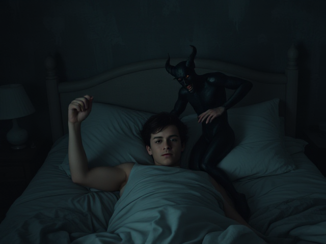 Essence of a young man engulfed in insomnia and anxiety, engaged in an eternal symbolic dance with a metaphysical devil. The devil subtly pulls him toward madness, personifying his struggle with sleeplessness. Highlight the insomniac's weary appearance within a jaded bedroom setting, enveloped in darkness with abstract elements. Emphasize the internal battle, where the devil represents relentless insomnia, not existing in reality but symbolizing the young man's desire to overcome it. Make it more abstract; the setting and scenery should feel surreal, with a metaphysical presence, a void of endless fatigue, a bed shrouded in darkness