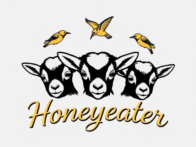 Draw a logo with three baby goats' faces and three honeyeater birds flying around them with the word "Honeyeater" arched and cursive