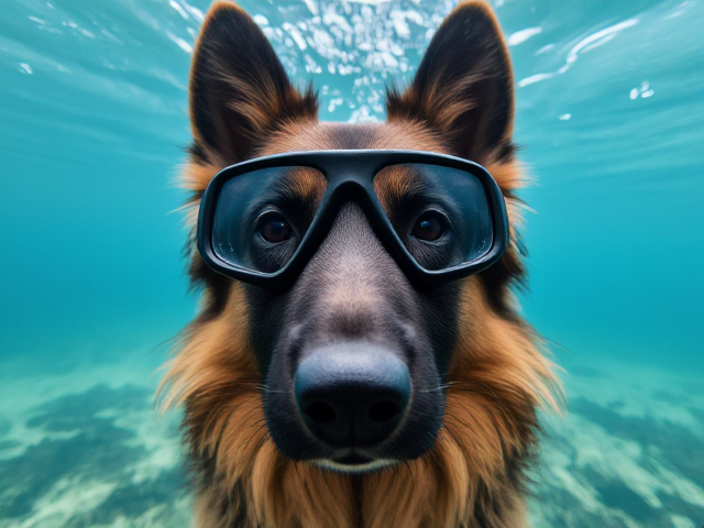 Long haired German shepherd freediving goggles