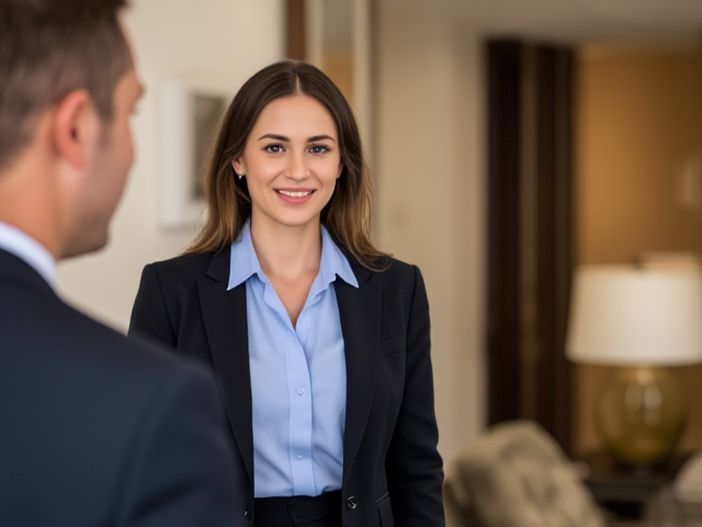 Brunette wearing a light blue blouse and a black suit meeting a man in a hotel
