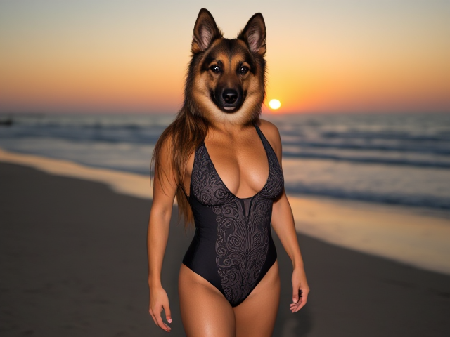 Anthropomorphic German shepherd with long, flowing hair, wearing a sleek one-piece swimsuit with intricate patterns, featuring wide hips and a muscular, athletic build with well-defined muscles, set against a simple, serene beach background during sunset with soft lighting