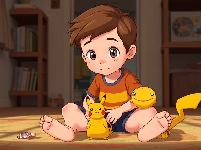 A young boy with brown hair white skin and lots of freckles sitting on the floor playing with a Pokémon toy in a animated style