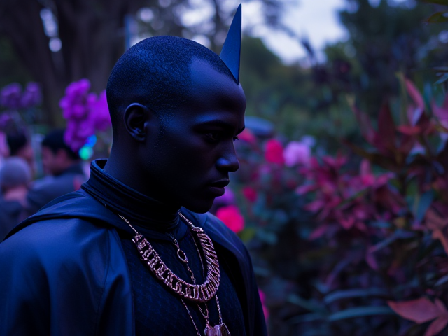 A dark knight of color and ancestry to African walking along side with another to the a garden of being neon