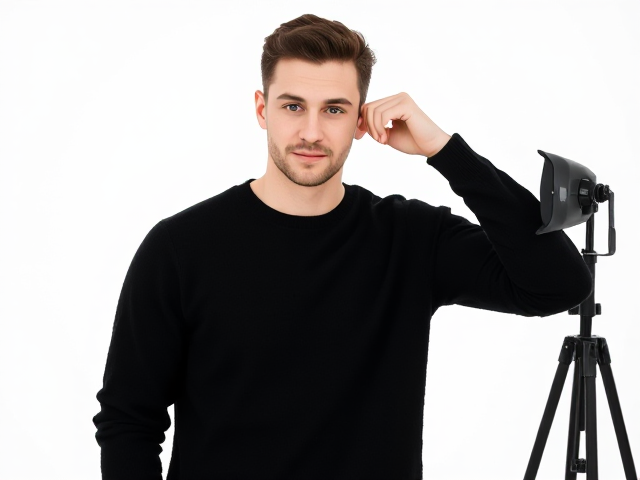 un bel homme jeune realiste avec un pull noir dans un fond blanc de studio