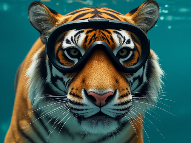 A tiger wearing Freediving goggles