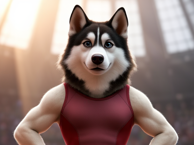 A Alaskan malamute Olympic gymnast with broad shoulders wearing a leotard