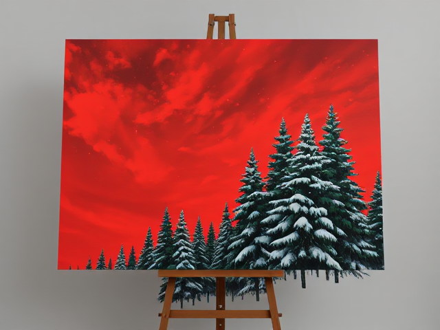 Blood red sky, green trees, white snow, realistic painting on a stand with good lighting
