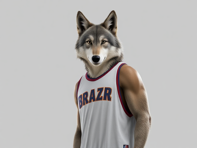 A tall and lean anthropomorphic gray wolf basketball player