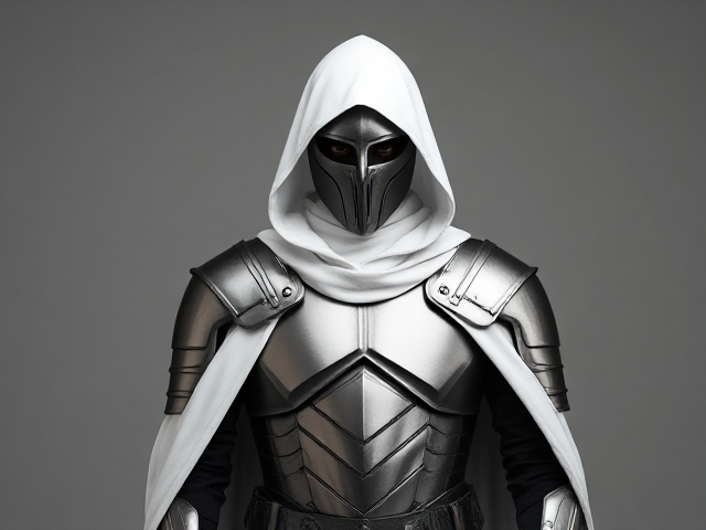 man wearing a suit of minimalist armor with a white cloak and a mask that hides all features