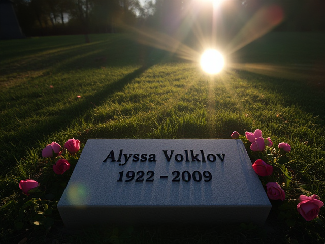 A grave that has the name 'Alyssa Volklov 1992-2009' engraved on it with roses surrounding it