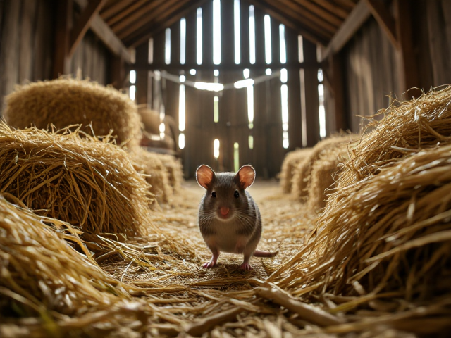 Mouse in a rustic barn, surrounded by hay bales and wooden beams, with sunlight filtering through cracks in the walls, detailed textures