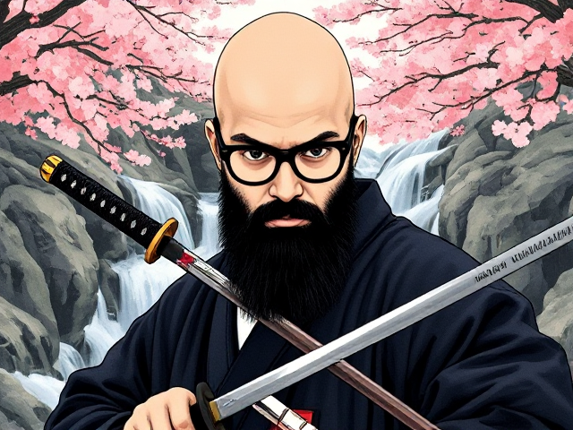 An Japanese brush art style image of a a young bald Muslim man with a bushy beard and wearing black-framed eyeglasses as a samurai with dual swords in a detailed Japanese Waterfall surrounded by Blossom trees. 8k, PFP