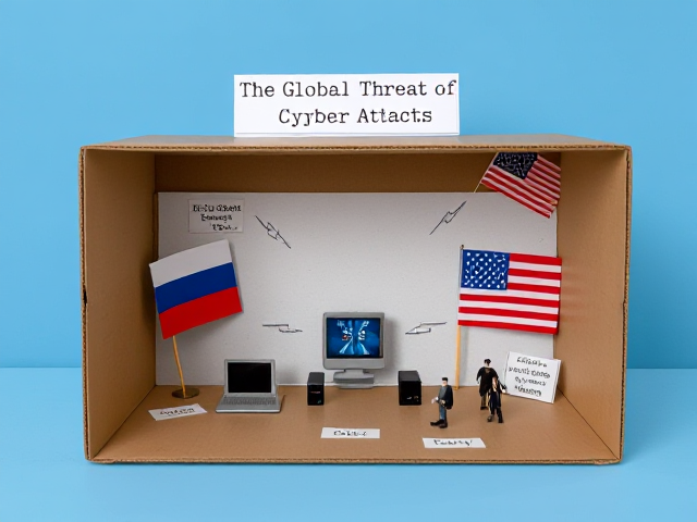 Great! Here’s a suggestion for how to layout your diorama inside a shoebox:

1. **Background**: 
   - Paint or cover the inside back of the shoebox with a neutral color like blue or white. This will serve as the backdrop for your diorama.

2. **Title/Heading**:
   - Place the title "The Global Threat of Cyber Attacks" on the top edge of the shoebox, outside or inside, depending on visibility.

3. **Definition**:
   - Write or print the definition of cyber attacks and place it on the back wall of the shoebox, centered at the top.

4. **Country Representation**:
   - On one side of the shoebox (left or right), place the Russian flag. You can either print a small flag and glue it or draw it directly on the shoebox.
   - On the opposite side, place the American flag in a similar manner.
   - You can use small stands or pins to make the flags stand upright.

5. **Impact Representation**:
   - In the center of the shoebox, create a scene with computers, servers, or a network map to show the technical aspect of cyber attacks.
   - Use arrows or lightning bolts made from paper or pipe cleaners to depict cyber attacks moving between the two countries.
   - Place icons or images representing money (stacks of cash or dollar signs), reputation (company logos or broken seals), and security (broken locks or breached firewalls) around the center scene to show the impact.

6. **Additional Elements**:
   - Add miniature figures or avatars to represent hackers and victims. You can place them near the computers or network map.
   - Use small labels or captions to explain each part of your diorama.

By arranging these elements thoughtfully, you can create a compelling and educational diorama that effectively illustrates the geopolitical issue of cyber attacks.