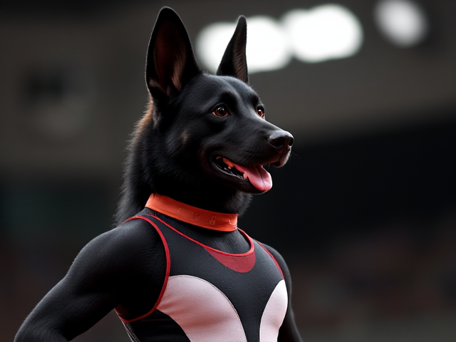 A anthropomorphic black German shepherd Olympic gymnast wearing a leotard