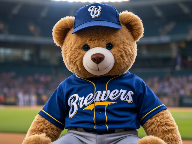 A human teddy bear tan fur blue eyes wearing a brewers uniform blue jersey grey pants blue hat at a baseball field