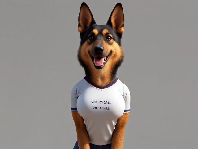 A anthropomorphic German shepherd with a long torso wearing her volleyball uniform