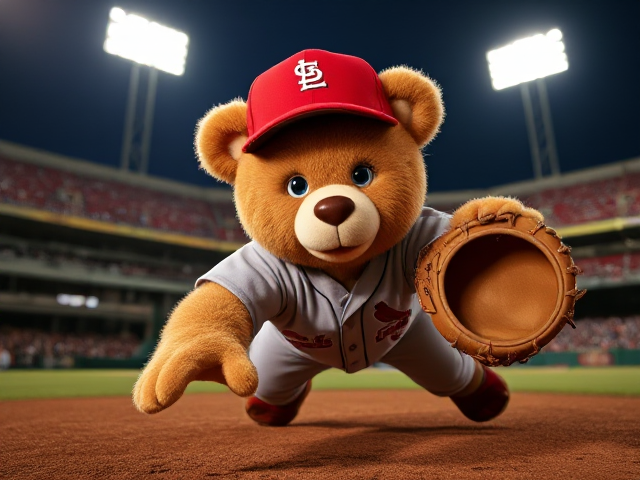 A human teddy bear tan fur blue eyes wearing a cardinals uniform red hat grey jersey grey pants wearing a tan baseball glove on his left hand diving for a baseball at shortstop on a minor league stadium