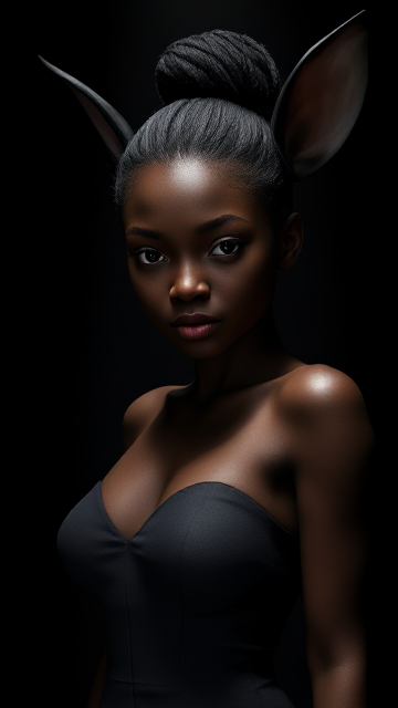 A 16K HD realistic chiaroscuro print of a close-up of a beautiful Black pixie with exceptional features. She has a form-fitting dress that accentuates her curves and is standing under an intense God light. The figure is captivating, staring intently into the camera. The artwork emphasizes the dramatic contrast between light and shadow, highlighting the features and creating a sense of depth. The background is dark. The artwork uses deep blacks and varying shades of grey to enhance the realism and emotional impact of the image. The artwork is a 3D render.