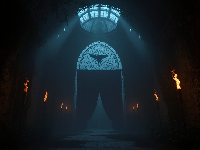 Créer une bannière, une arche dégradé, atmosphère brumeuse, de nuit, des torches en flamme, un corbeau présent