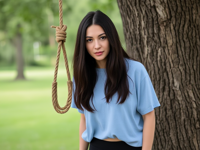 Brunettes in her early 20s dark shoulder hair down wearing a light blue loose t shirt that cuts at her knees and black yoga pants right next to a looped rope knot dangling from a tree around her