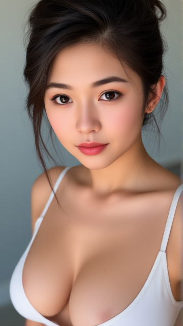 A serene photograph of a pilipina woman with brown eyes, with vibrant raven hair loose updo,andlightskininafaircomplexion, she is standing,. She gazes peacefully at the camera, wearing a low-cut, white thin top
