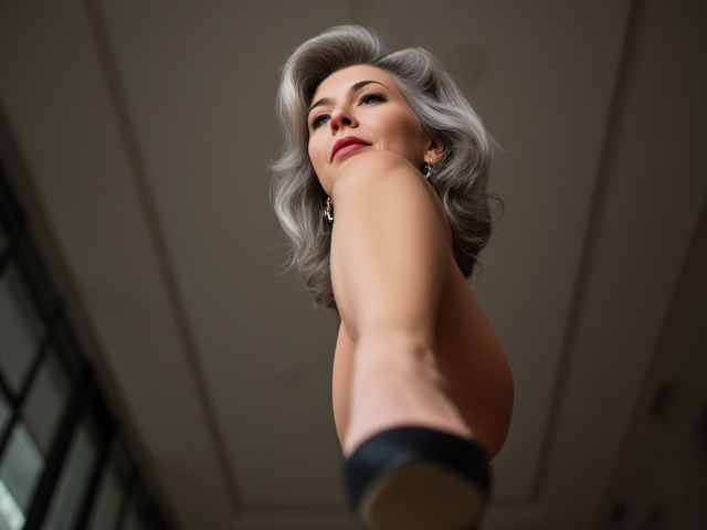 Elegant and sophisticated woman in her 50s with graceful grey hair, wearing high heels, poised and confident