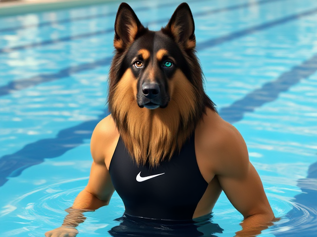 A tall anthropomorphic long haired German shepherd with a long torso and broad shoulders, wearing a high cut Nike one piece swimsuit and swimming goggles, in a Olympic swimming pool