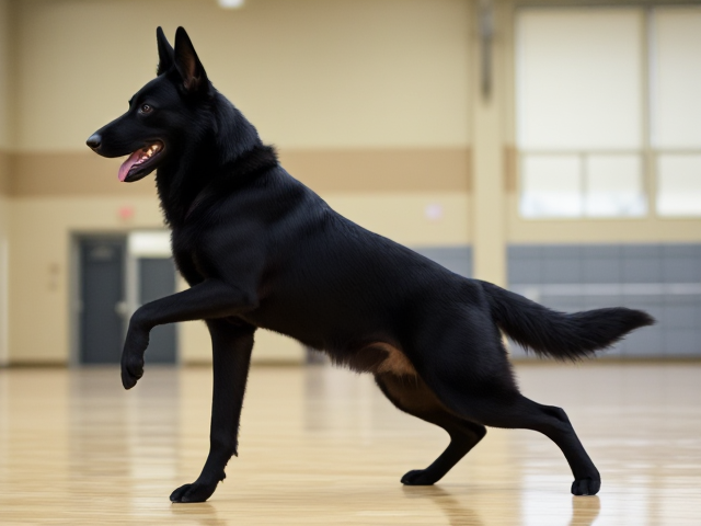 Anthropomorphic black German shepherd wearing a gymnastics leotard, performing in a gymnasium, detailed fur and muscular build, dynamic pose
