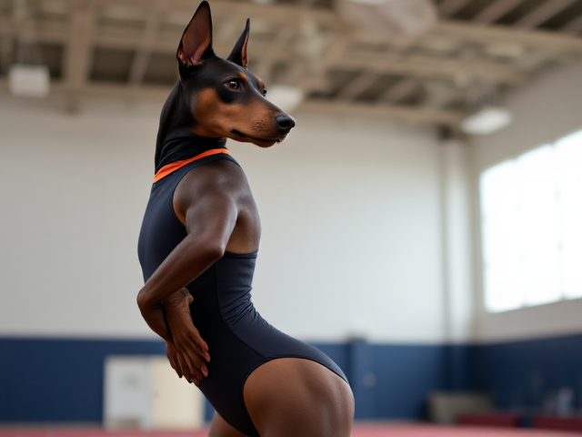 Anthropomorphic Doberman wearing a gymnastics leotard, posing with emphasis on its hips in a gymnasium setting, detailed and vibrant colors