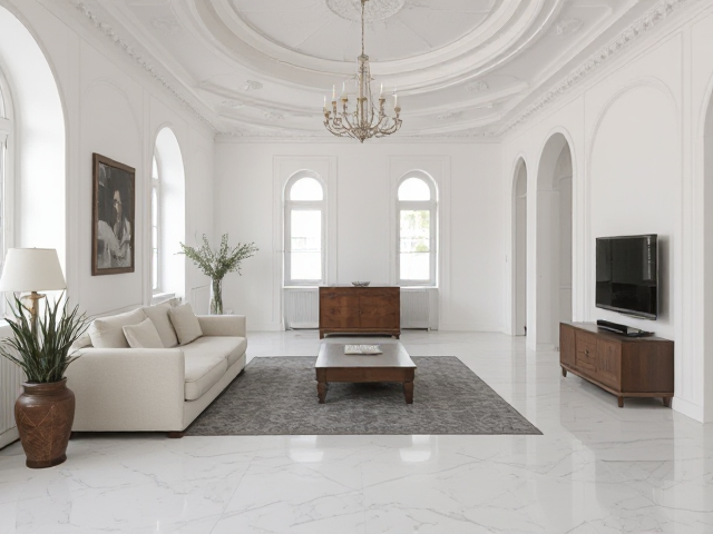 une photo avec juste un coffre en bois au milieu d'un appartement vide  de la pièce d'un salon blanc vide juste des moulures au murs et au plafond le sol est du marbre blanc  dans un style osmanien