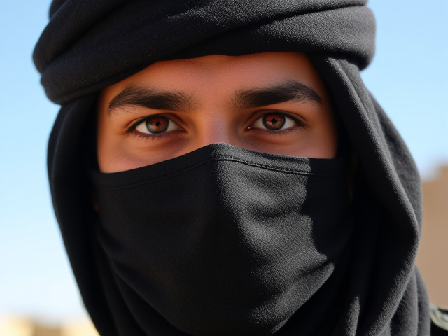 Tan, violet siren eyes, male, Arab, mask, black hair covered, no eye bags, military uniform, sunny background
