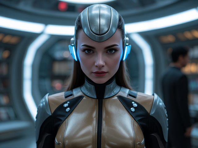 Star Trek character Andrea reimagined as a futuristic fembot, sleek design, metallic features, glowing accents, in a sci-fi setting