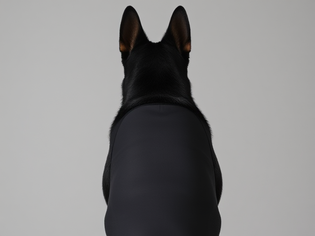 Anthropomorphic black German shepherd with realistic features, wearing a form-fitting competition swimsuit, showcasing detailed textures and lifelike appearance, set against a neutral background