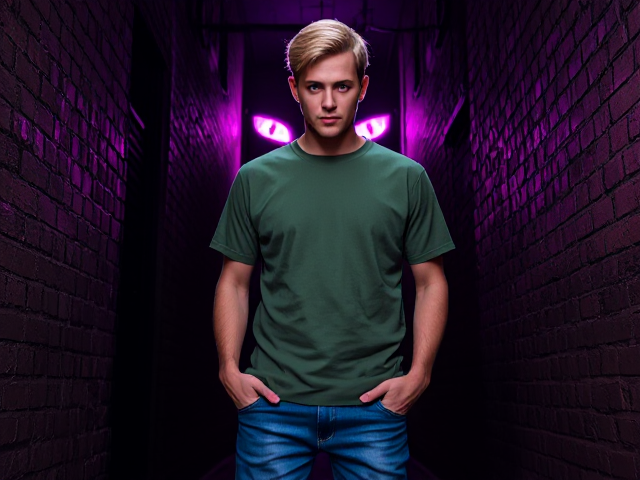 A man with blonde hair, blue jeans and a green T shirt is in an alleyway and there is a pair of glowing eyes behind him