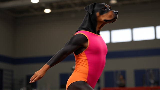 Anthropomorphic Rottweiler wearing a vibrant gymnastics leotard, posing dynamically in a gym setting, detailed fur texture and realistic lighting